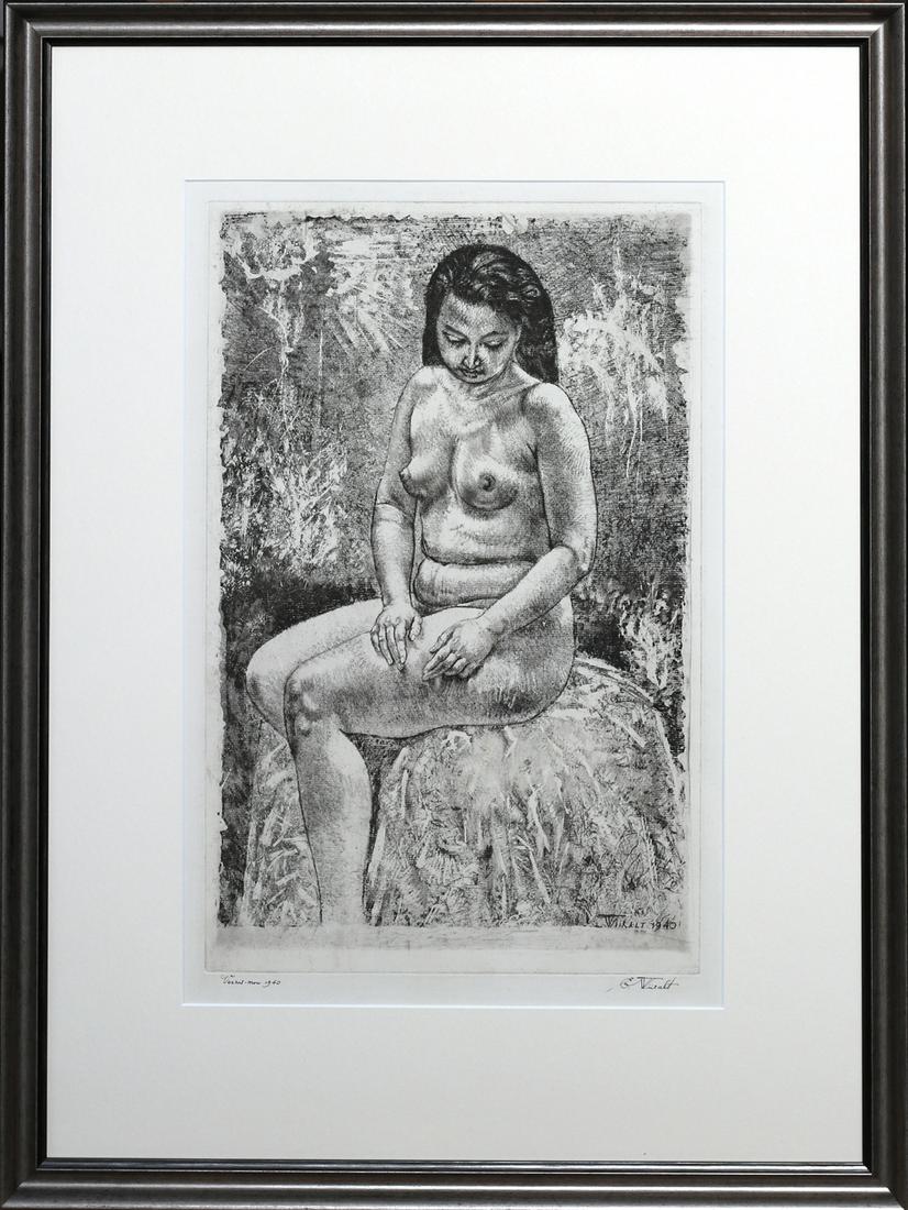 Eduard Wiiralt (Estonian) Vernis-mou of sitting nude: Autor (Artist): Wiiralt, Eduard (1898 - 1954), Töö nimi (Name): Tütarlaps allikal, Aasta (Dated): 1940, Tehnika (Medium): graafika, pehmelakk, paber, Mõõdud (size): lm 63 x 49 cm; plm 49,2 x 32 c