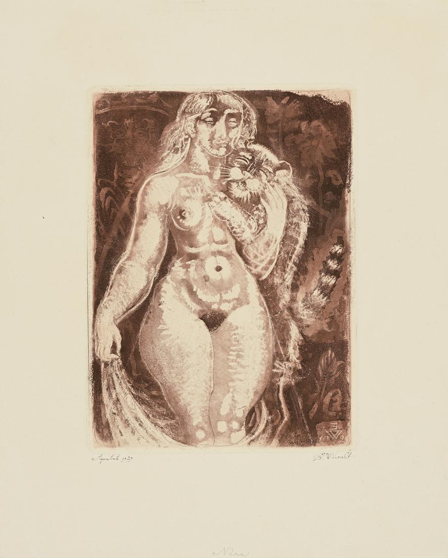 Eduard Wiiralt (Estonian) Aquatint of nude w/ tiger cub: Autor (Artist): Wiiralt, Eduard (1898 - 1954), Töö nimi (Name): Naine tiigripojaga (Naisakt kassiga), Aasta (Dated): 1929, Tehnika (Medium): graafika, akvatinta, paber, Mõõdud (size): plm 30,9 x 2