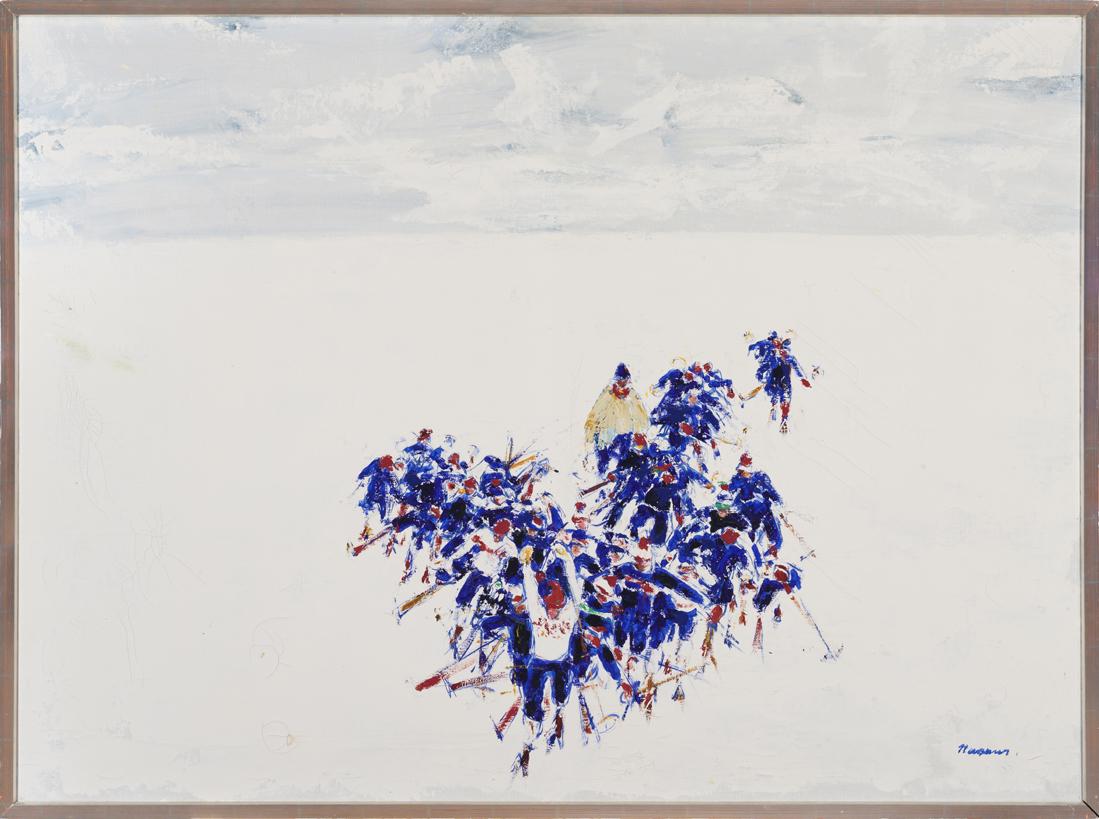Eerik Haamer (Estonian) Oil painting of skiiers: Autor (Artist): Haamer, Eerik (1908 - 1994), Töö nimi (Name): Suusatajad, Aasta (Dated): 1960-ndad., Tehnika (Medium): maal, õli, lõuend, Mõõdud (size): 103 x 138,5 cm ; raamiga (incl. frame): 1