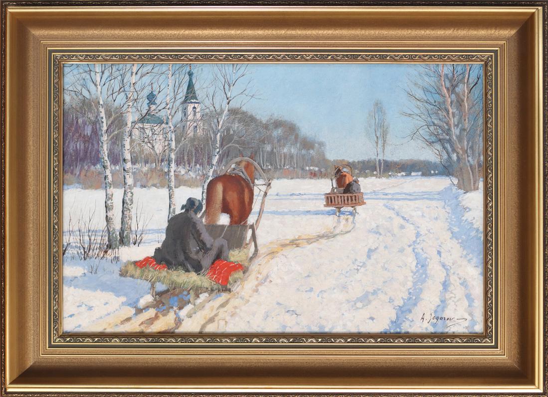 Andrei Jegorov (Estonian) Winterscape with sled gouache: Autor (Artist): Jegorov, Andrei (1898 - 1954), Töö nimi (Name): Saan ja regi külateel, Aasta (Dated): 1930-ndad, Tehnika (Medium): maal, guašš, tempera, papp, Mõõdud (size): 34,2 x 52 cm ; raam