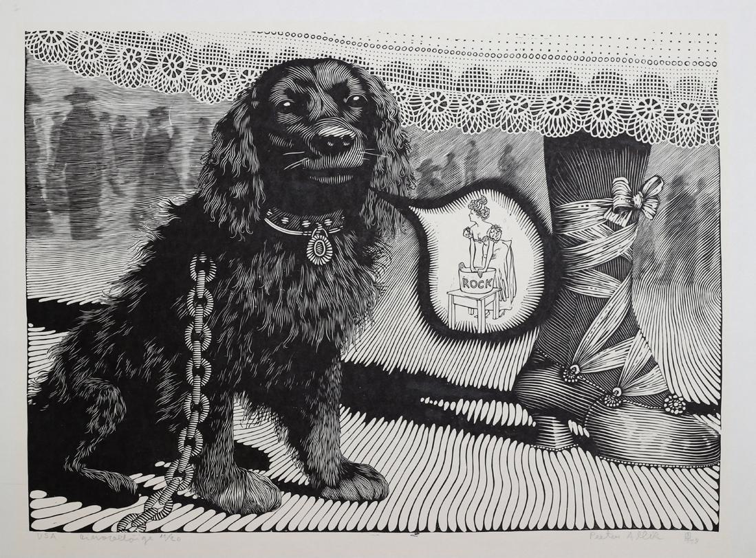 Peeter Allik (Estonian 1966 - 2019) Linocut "USA": Autor (Artist): Allik, Peeter (1966 - 2019), Töö nimi (Name): USA, Aasta (Dated): 1995, Tehnika (Medium): graafika, linoollõige, paber, Mõõdud (size): lm 61 x 85 cm ; plm 52,5 x 72,5 cm Graafikal