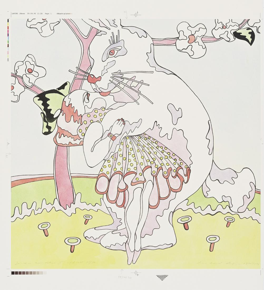 Leonhard Lapin (Estonian 1947) Signed offset-litho: Autor (Artist): Lapin, Leonhard (1947), Töö nimi (Name): Jänku suudlus II, Aasta (Dated): 1970/1996, Tehnika (Medium): graafika, värviline offset-lito, paber, Mõõdud (size): lm 49,7 x 42 cm , pl