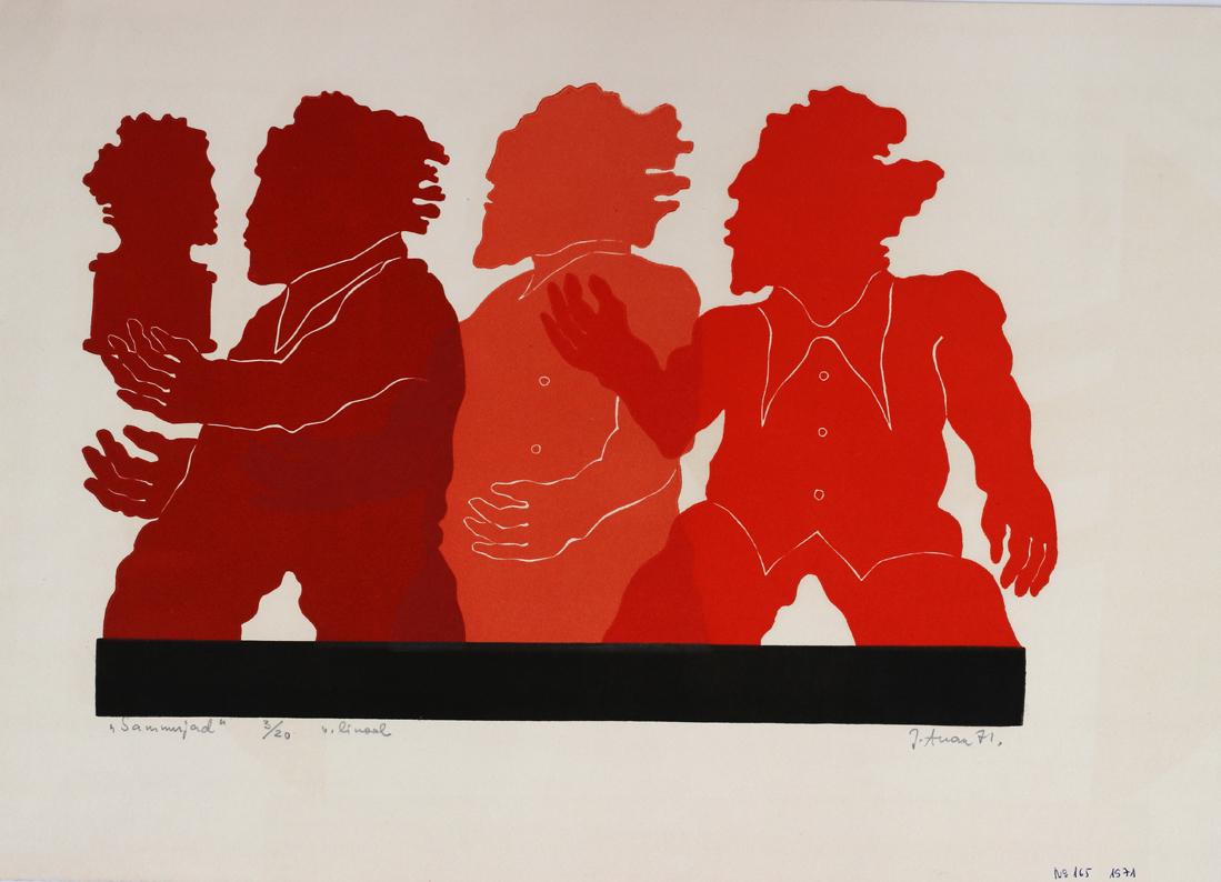 Jüri Arrak (Estonian 1936) linocut: Autor (Artist): Arrak, Jüri (1936), Töö nimi (Name): Sammujad, Aasta (Dated): 1971, Tehnika (Medium): graafika, värviline linoollõige, paber, Mõõdud (size): lm 43 x 61 cm ; plm 30,5 x 46,5 cm, 