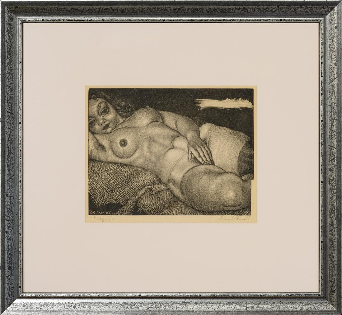 Eduard Wiiralt (Estonian 1898 - 1954): Autor: Wiiralt, Eduard (1898 - 1954),Töö nimi: Lamav akt kanepiriidel Aasta: 1933, Tehnika: graafika, puugravüür, paber, Mõõdud: km 20,1 x 26,2 Eduard Wiiralti tuntumaid puugravüüre, mille pee