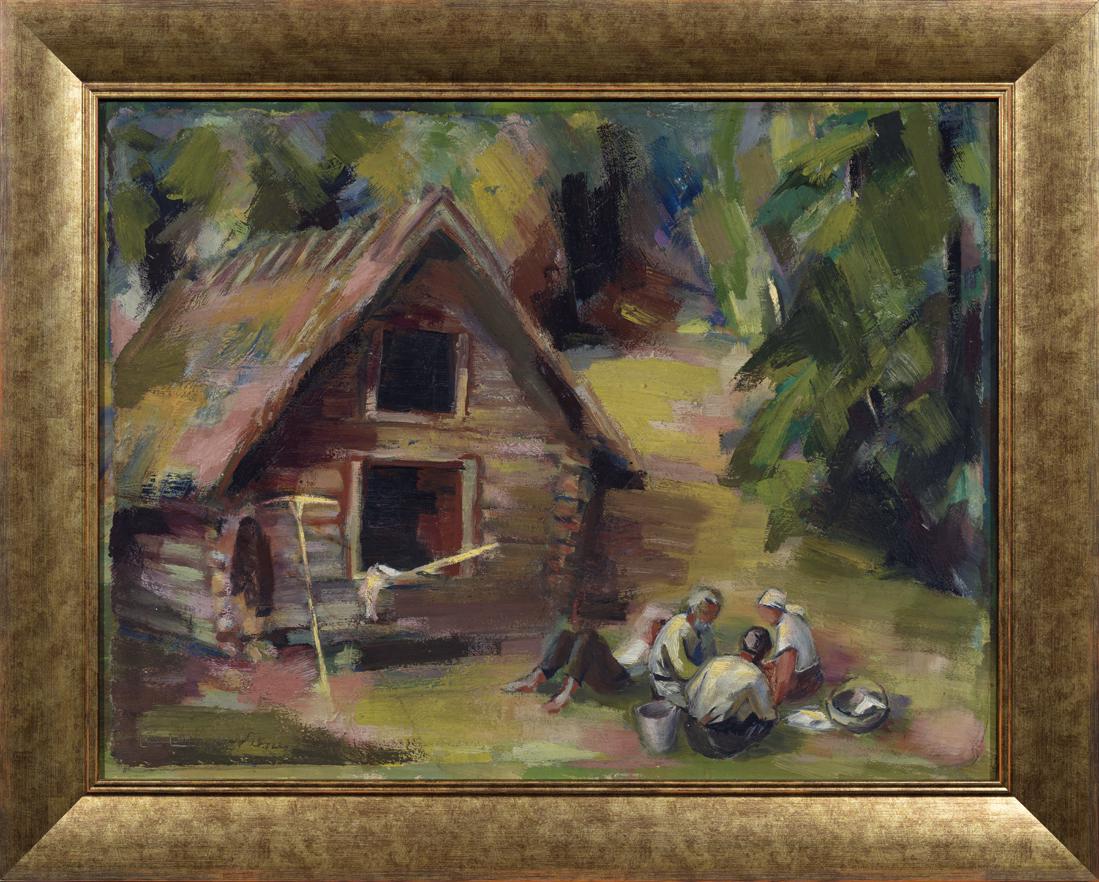 Lui Lätt (Estonian 1902 - 1950): Autor: Lätt, Lui (1902 - 1950), Töö nimi: Hommikueine heinamaal, Aasta: 1940 - 42, Tehnika: maal, õli, vineer, Mõõdud: 48 x 63,7 Lui Lätt sai kunstiõpetust aastatel 1919 - 25 Rakvere Õpetajat