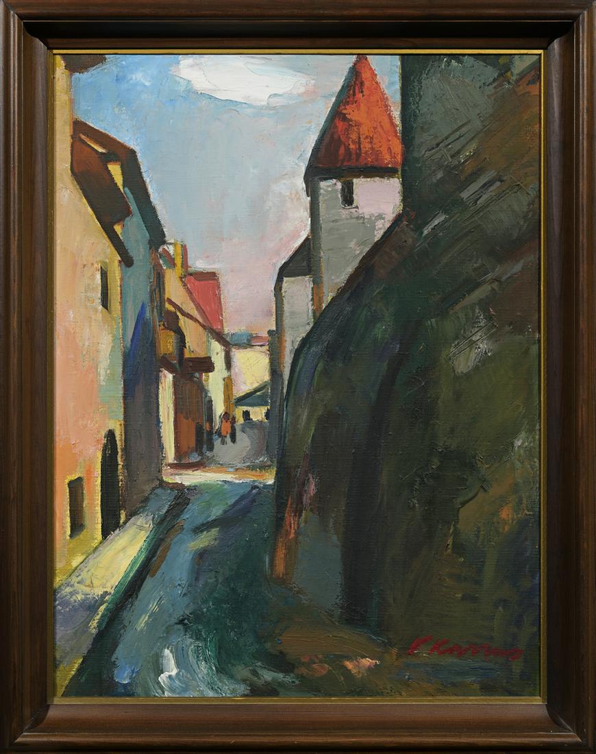 Viktor Karrus (Estonian 1913 – 1991): Autor: Karrus, Viktor (1913 – 1991), Töö nimi: Müürivahe tänav, Aasta: 1980. aastad, Tehnika: maal, õli, lõuend, Mõõdud: 64,5 x 49,5 Alustanud tagasihoitud koloriidis, muutus V. Karrus vär