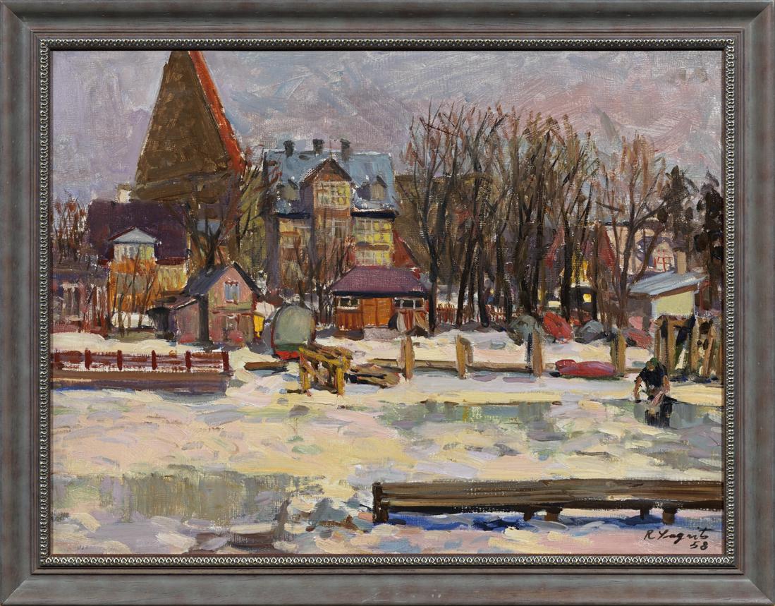 Richard Sagrits (Estonian 1910 - 1968): Autor: Sagrits, Richard (1910 - 1968), Töö nimi: Pirita jõe kaldal, Aasta: 1958, Tehnika: maal, õli, papp, Mõõdud: 39,2 x 52 Pallaslase staatus ning rida nimekaid õpetajaid – Ardo Sivardi, Ro