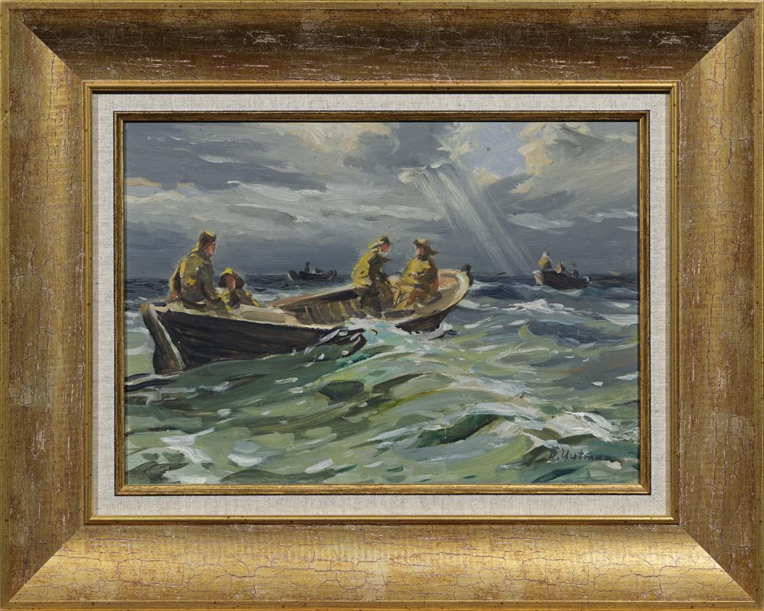Richard Uutmaa (Estonian 1905 - 1977): Autor: Uutmaa, Richard (1905 - 1977), Töö nimi: Kalurid merel. Eskiis., Aasta: 1953, Tehnika: maal, õli, papp, Mõõdud: 24,7 x 34,7 Ilus värskelt maalitud eskiis Eesti Kunstimuuseumis asuvale suu