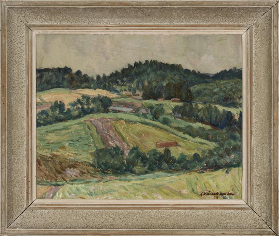 Johannes Võerahansu (Estonian 1902 - 1980): Autor: Võerahansu, Johannes (1902 - 1980), Töö nimi: Haanja kuppelmaastik, Aasta: 1943.Tehnika: maal, õli, vineer, Mõõdud: 38 x 47 Tagasihoidlikus koloriidis lihtne maastik, ent ometi tundesoe s