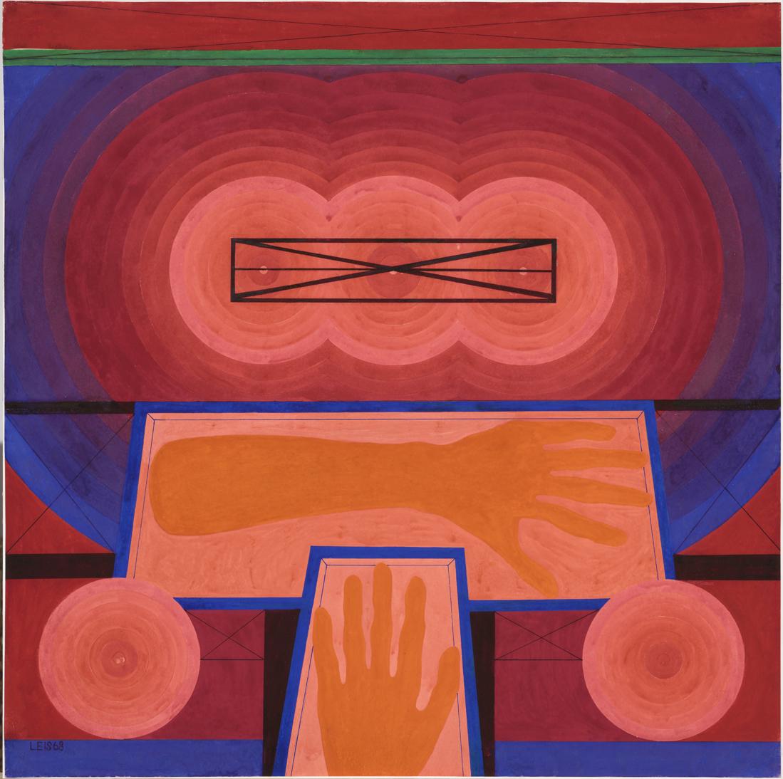 Malle Leis (Estonian 1940 - 2017): Autor: Leis, Malle (1940 - 2017), Töö nimi: Kompositsioon kätega, Aasta: 1968, Tehnika: maal, guašš, paber, Mõõdud: lm ja km 59,8 x 59,5 Poolabstraktne, popkunstilike elementidega puhastes inte