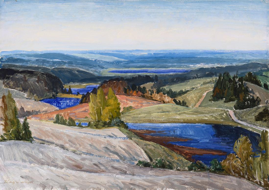 Kalju Nagel (Estonian 1918 - 2005): Autor: Nagel, Kalju (1918 - 2005), Töö nimi: Lõuna-Eesti maastik, Aasta: 1970. - 80. aastad, Tehnika: maal, õli, papp, Mõõdud: 43,9 x 62,7 Nagu enamus Tartu maalijaist, maalis Nagel ohtralt Lõu
