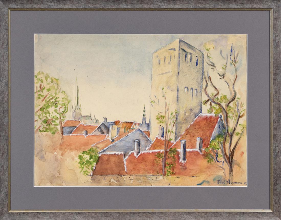 Karl Burman snr (Estonian 1882 - 1965): Autor: Burman snr, Karl (1882 - 1965), Töö nimi: Vaade Taani kuninga aiast Aasta: 1945, Tehnika: maal, akvarell, paber, Mõõdud: 35,3 x 50,3 Karl Burman seenior oli neid kunstnikke, kes elas Neitsi