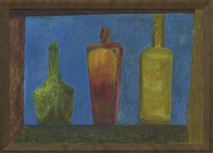 Evi Tihemets (Estonian 1932) Kolm pudelit: Tunneme Evi Tihemetsa värvilise graafika, eriti värvilito tugeva viljelejana. Ta tahtis 1951. aastal ERKI-sse astudes maali õppida, kuid kuna maaliosakond oli täis vene poisse,