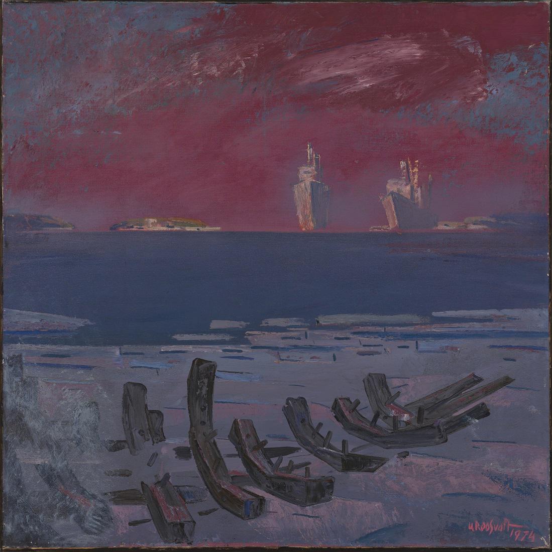 Uno Roosvalt (Estonian 1941) Talveõhtu: Uno Roosvalti on kogu loomingu vältel huvitanud Eesti elu seotus merega läbi aegade. Paate on ta maalinud ning joonistanud. Selles maalis on ta kõrvutanud Kadrioru rannast leitud vraki 