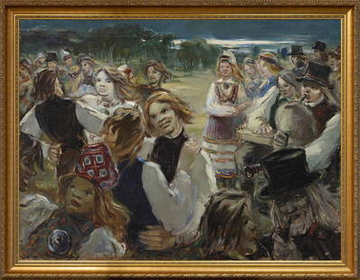 Varmo Pirk (Estonian 1913 - 1980) Jaanipäev: Sellal õppis Varmo Pirk Kõrgematel Kujutava Kunsti kursustel Tartus. Teos on tema varasema, õpinguteaegse loomingu (1938–45) tähelepanuväärsemaid kompositsioone.