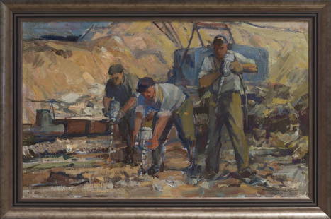 Ilmar Kimm (Estonian 1920 - 2011) Puurijad: Kolmikmaal “Viivikonna kaevanduses” esines esmakordselt 1961. aasta sügisel vabariiklikul näitusel. Teos kujutab põlevkivi kaevandamist lahtistes karjäärides.