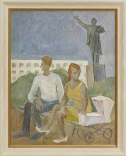 Lembit Saarts (Estonian 1924 - 2016) Noored: Kunstnik kujutab standardset sotsialistlikku linna uusehituste ning monumendiga ja noorpaari lapsevankriga. Iive oli tollal kasvav. Kujund on ambivaletne – võimalik, et tõsimeelselt