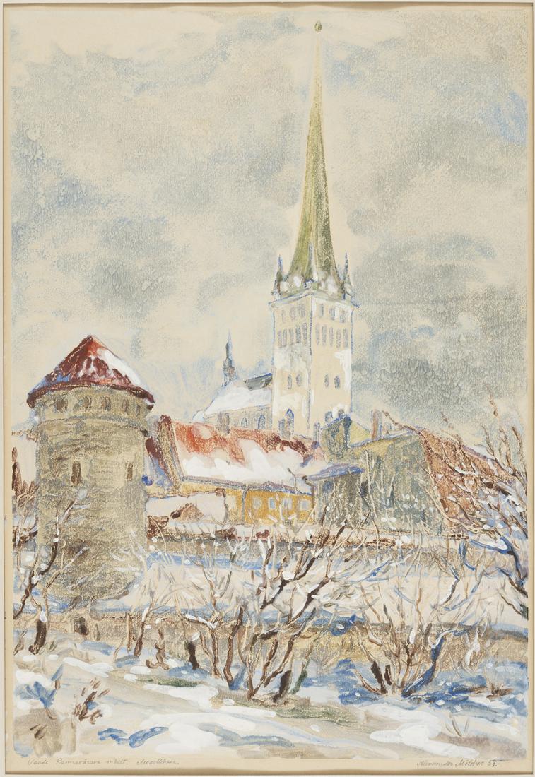 Aleksander Möldroo (Estonian 1902 - 1991): Monotüüpia talvise vaatega Olevistele on kergelt guašiga retuššitud. Ilus vaade kunstnikult, kes tegeles monotüüpiaga juba “Pallase” päevil (esimene
