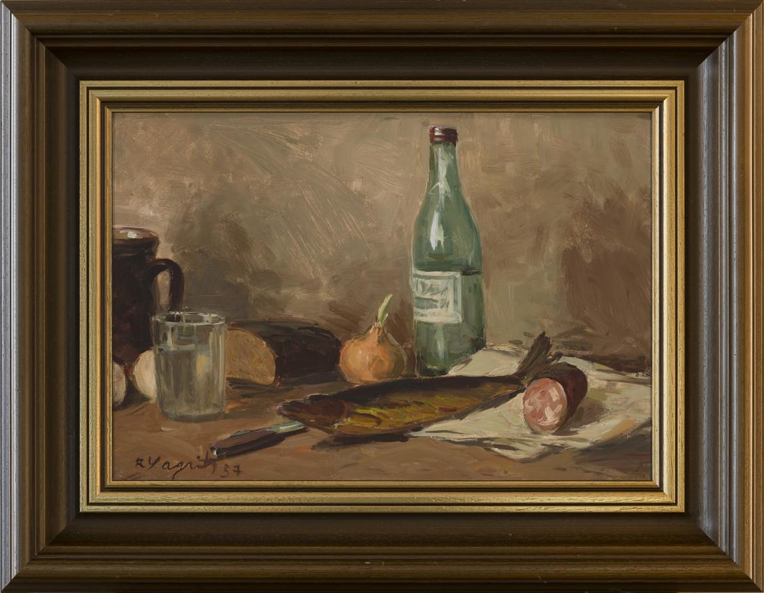 Richard Sagrits (Estonian 1910 - 1968): Teos paelub kunstniku otse vanameisterlikult varjundirikka ja värske pruunide toonide käsitlusega, virtuoosliku natuurikujutusega , nii et peaaegu tunned suitsuheeringa ja moskva vorsti l