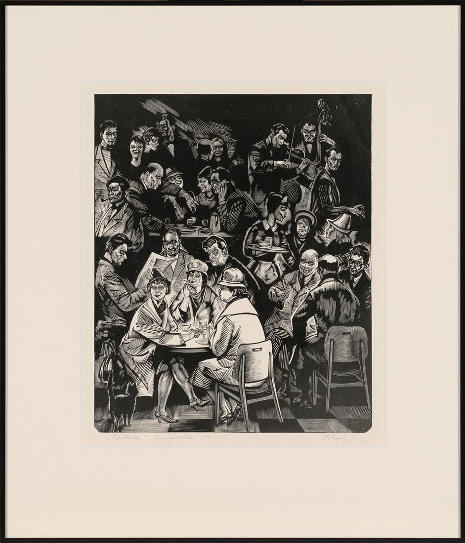 Richard Kaljo (Estonian 1914 - 1978): Kohvik. 1961. Graafika. Km 30.3 x 24.7 cm. Suurus raamiga: 48.5 x 41.4 cm. Kunstniku levinumaid gravüüre, inspireeritud Tallinna kohvikuelust muusikaansamblite, moekate daamidega ja vahel ka