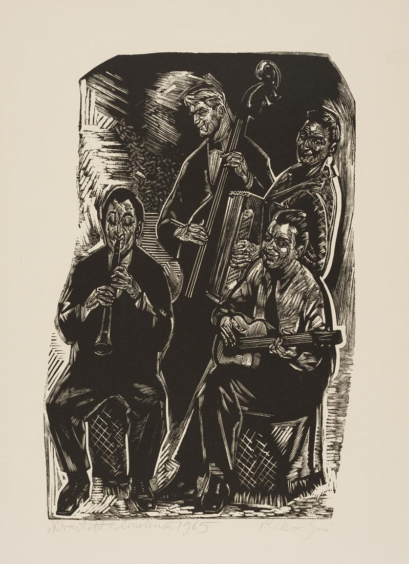 Richard Kaljo (Estonian 1914 - 1978): Kvartett. 1965. Graafika (LinoollÃµige). Km 44.8 x 24.6 cm. Lm 60 x 43.7 cm. Suurus raamiga: 71.7 x 54.3 cm. Kujutatud on tollele ajale tÃ¼Ã¼piline kohviku- vÃµi restoraniansambel. Triot nÃ¤