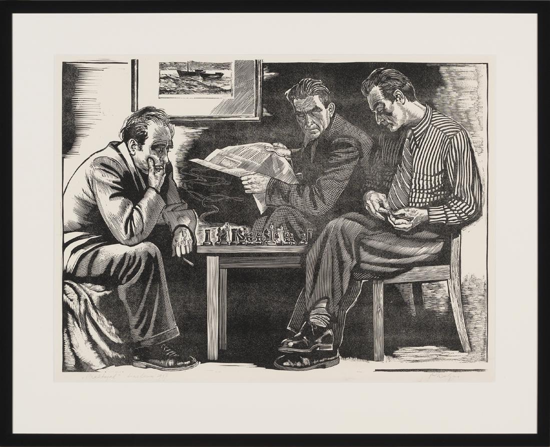 Richard Kaljo (Estonian 1914 - 1978): Maletajad. 1957. Graafika (Linoollõige). Km 49 x 67 cm. Lm 55 x 83.3 cm. Suurus raamiga: 70.2 x 86.7 cm. Suure selge vormiga linoollõige, mis tähistab saabuvat karmi stiili perioodi ees