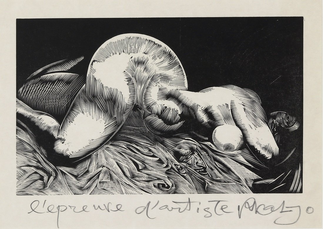 Richard Kaljo (Estonian 1914 - 1978): Lamav akt. 1975. Graafika (PuugravÃ¼Ã¼r). Km 18.2 x 29 cm. Suurus raamiga: 43.5 x 51 cm. Richard Kaljo vÃ¤hetuntud, nimme vulgaarsevÃµitu akt â€“ Kaljo armastas macholikkusega Å¡okeerid