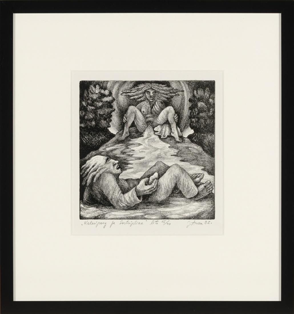 Jüri Arrak (Estonian 1936): Kalevipoeg ja sortsiplika. 1982. Graafika (Litograafia). Km 18 x 17.5 cm. Suurus raamiga: 40.3 x 37.8 cm.Üks illustratsioone Enn Vetemaa romaanile "Kalevipoja mälestused" (1985), mis meenuta
