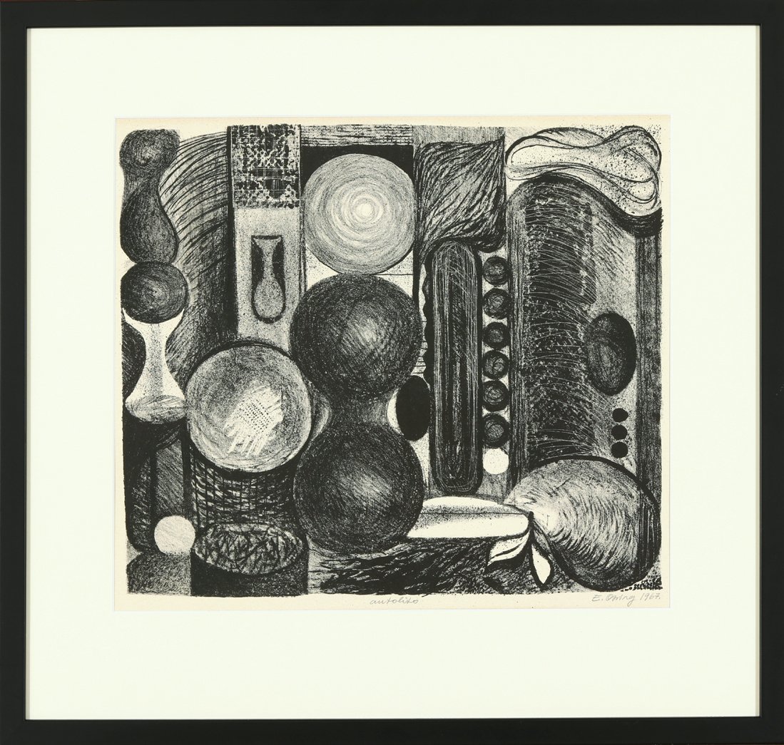 Enno Ootsing (Estonian 1940): Abstraktsioon.1967. Graafika (Autolitograafia). Km 34.5 x 39.5 cm. Suurus raamiga: 55 x 58 cm. Enno Ootsing lÃµpetas ERKI graafikuna 1966. aastal. Ta on aastaid Ãµpetanud ERKIs graafikat, olnud ka