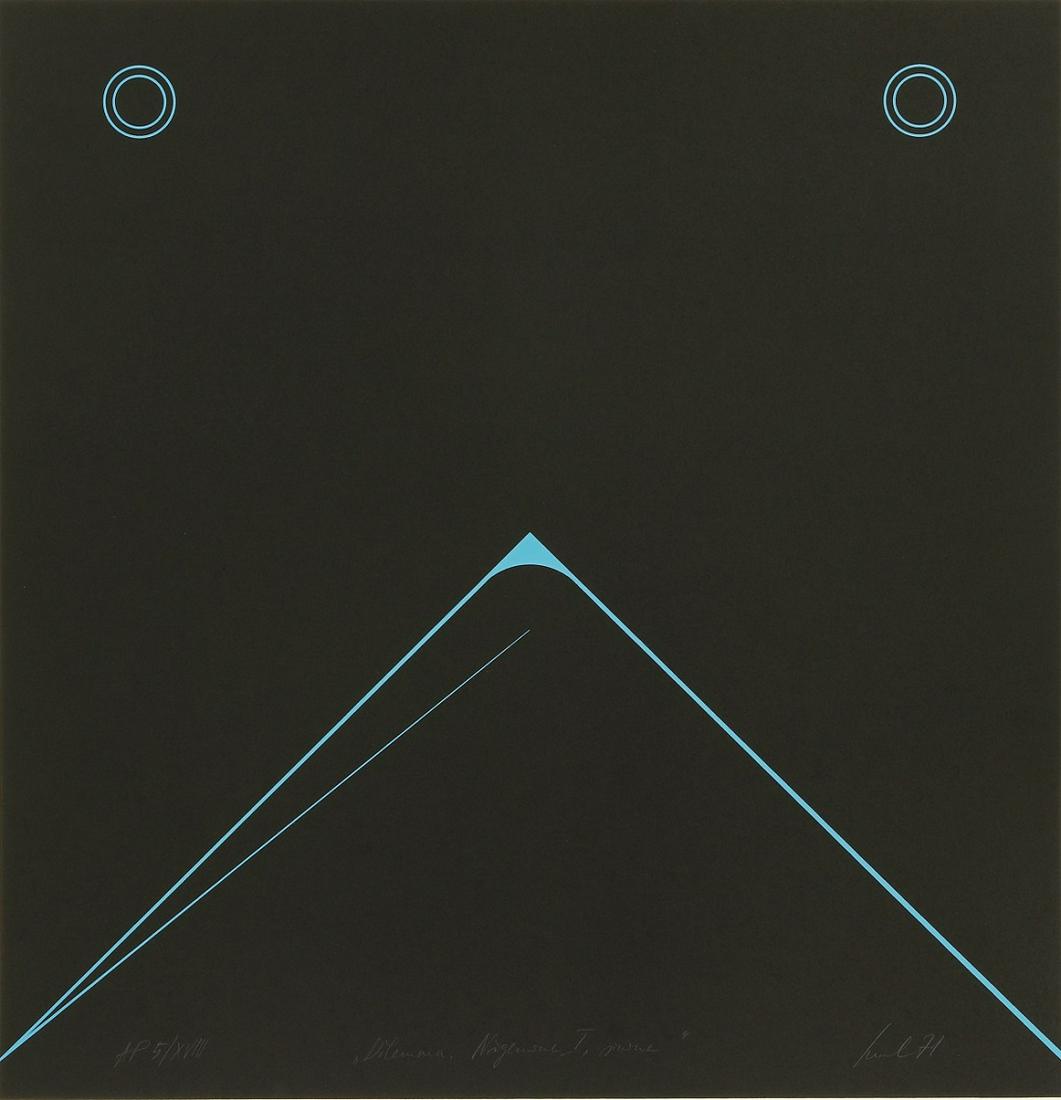 Raul Meel (Estonian 1941): Dilemma. Nägemine I.1971. Graafika (Koloreeritud Serigraafia). Plm 62 x 60 cm. Lm 66 x 71 Raul Meel (1941) on mitmekülgne kunstiisiksus, kelle looming on pälvinud laialdase rahvusvaheli