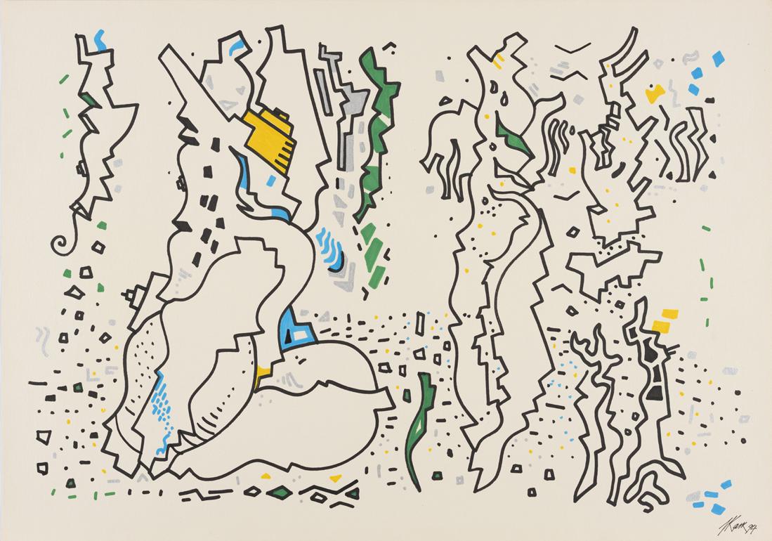 Jüri Kask (Estonian 1949): Risti ja põiki. 1994. Joonistus (Akrüül, Õlimarker). Lm 59.5 x 84 cm. Suurus raamiga: 62.7 x 87.7 cm.Vanema põlvkonna silmapaistvamaid maalijaid-abstraktsioniste Jüri Kas