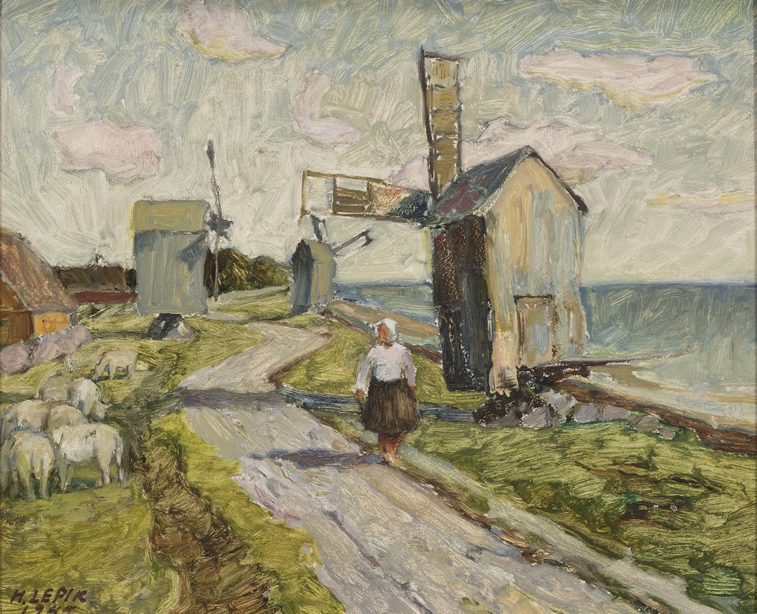 Hugo Lepik (Estonian 1905 - 2001): Saaremaa. 1945. Õli. Masoniit. 38 x 46 cm. 1930. Lepik oli Riigi Kunsttööstuskoolis küll litograafiaosakonna juhataja, ent sai 1930.aastate lõpupoole tuntuks ka maalijana. Oll