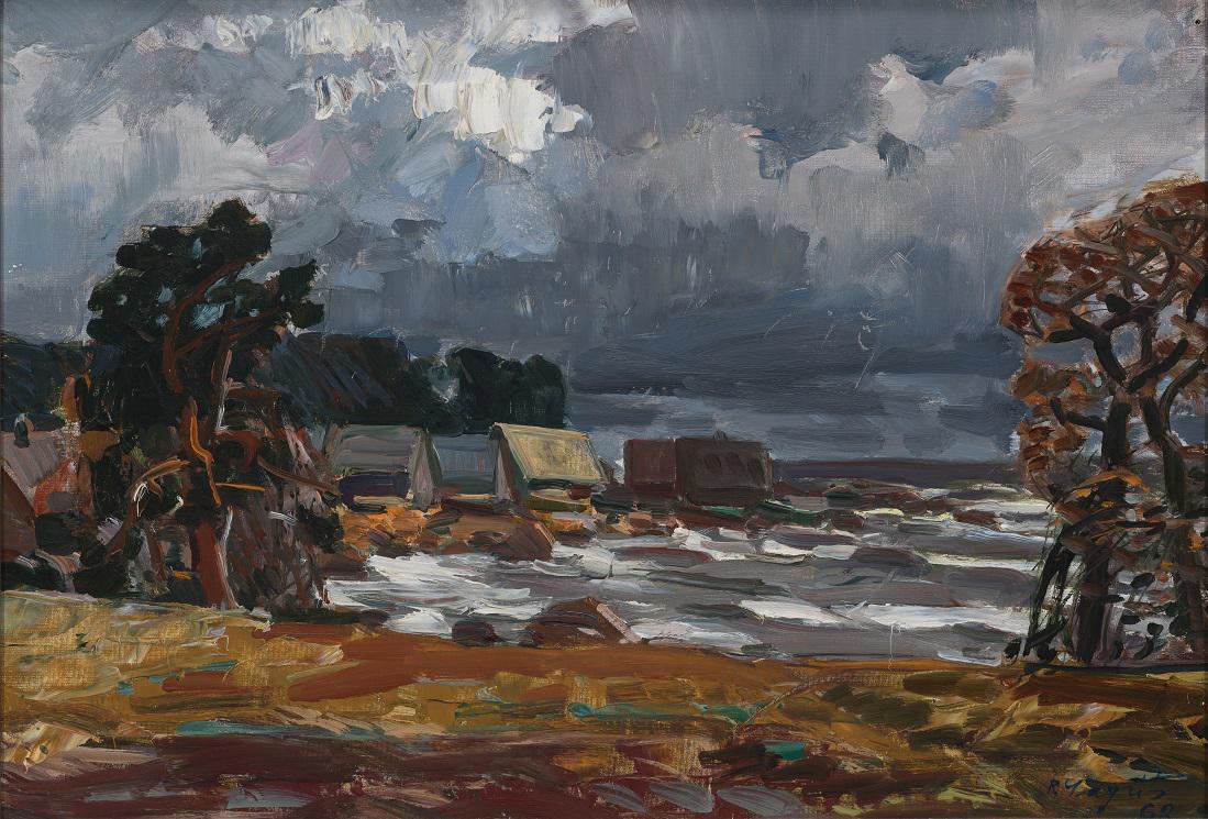 Richard Sagrits (Estonian 1910 - 1968): Rannaküla. 1962. Õli. Papp. 33.1 x 48 cm. Pallaslase staatus ning rida nimekaid õpetajaid (Ardo Sivardi, Roman Nyman, Günther Reindorff, Nikolai Triik, AdoVabbe) garanteerivad Rich