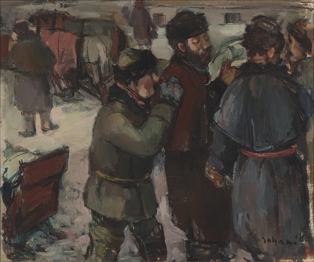 Andrus Johani (Estonian 1906-1941): Voorimehed vestlemas. 1940. Õli. lõuend. 46 x 55.5 cm. Teos deponeeriti nähtavasti juba 1952. aastal Tartu Kunstimuuseumi. See on fikseeritud A. Johani isikunäituse kataloogis, mis