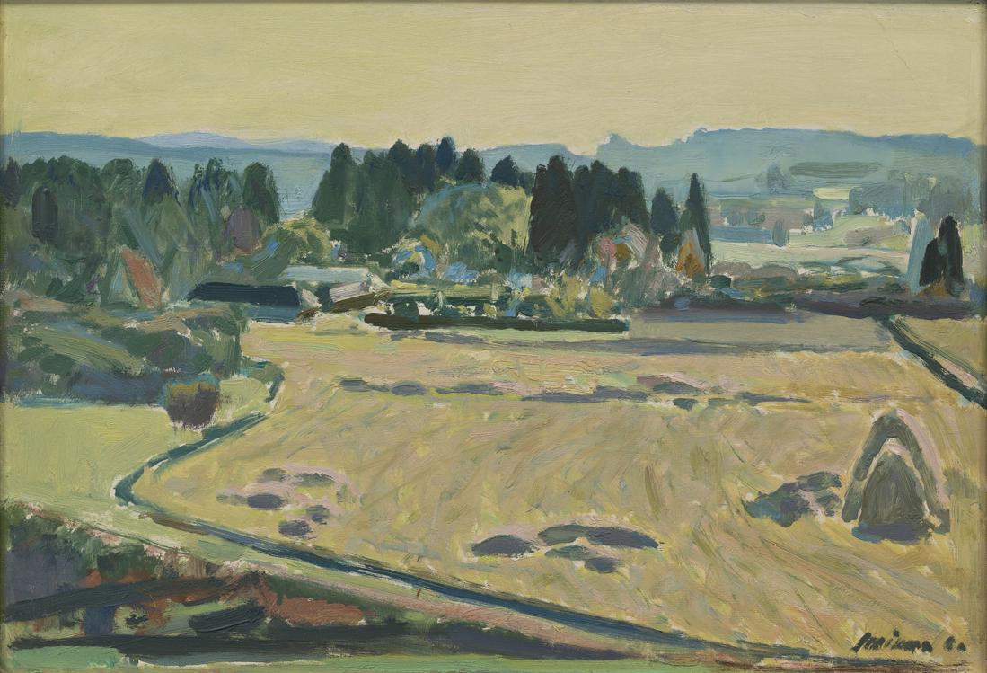 Lepo Mikko (Estonian 1911 - 1978): Viljandimaa põllud. 1960. Õli. Papp. 33.4 x 48.8 cm. 1950. Mikko estetism köitis 1950. aastate keskpaiku natüürmortides, seejärel maastikes, mille vormiüldistuses ja