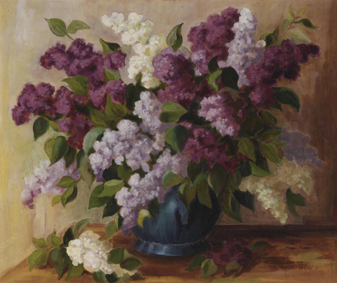 Helmi Reiman-Kalm (Estonian 1895 - 1971): Sirelid. 1930.aastad-1940.aastate algus. Õli. Lõuend. 58 x 69 cm. H.Reiman (1923.aastast Kalm) õppis Tartus Kr.Raua ja K.Mäe stuudiotes, 1919-21 Pallases skulptuuri, seejärel 