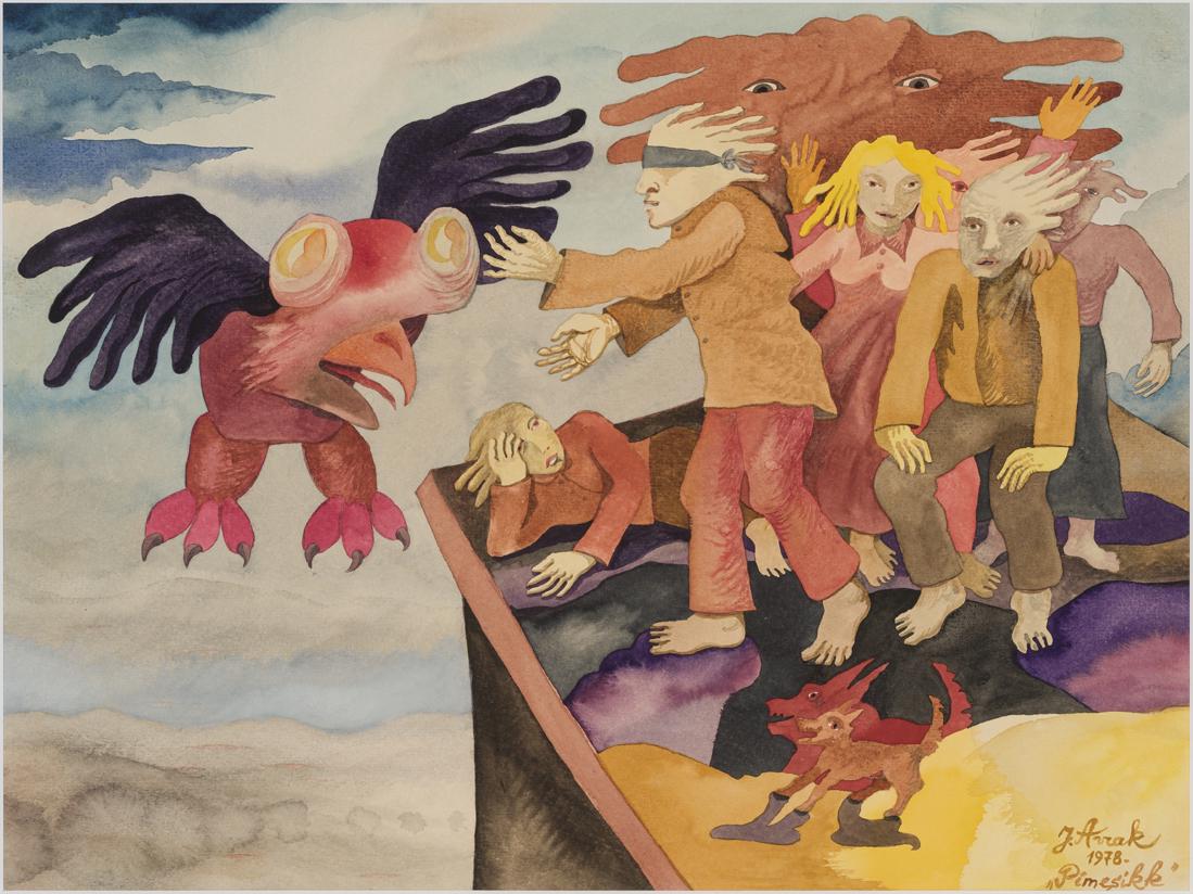 Jüri Arrak (Estonian 1936): Pimesikk. 1978. Akvarell. Paber. Lm 35.3 x 47 cm. Samal aastal on kunstnik samal teemal teinud ka mõnevõrra erineva estambi sügavtrükis. Nagu J.Arraku tööd sageli, on see