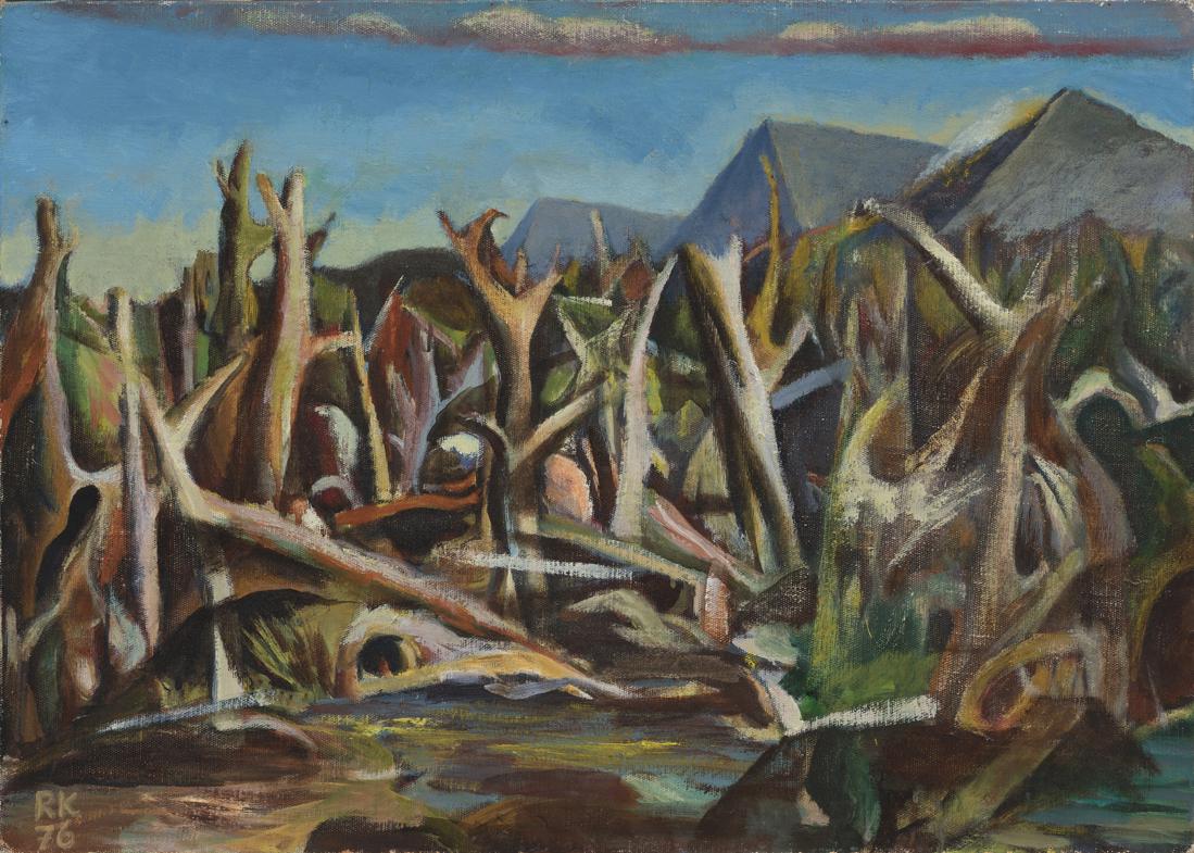 Raivo Korstnik (Estonian 1932-1992): Surnud maastik. 1976. Õli. Lõuend, kleebitud papile. 50 x 70 cm. Huvitav sürrealistliku hõnguga töö, mis ühtlasi kajastab juba tollal ühiskonnale muret teinud k