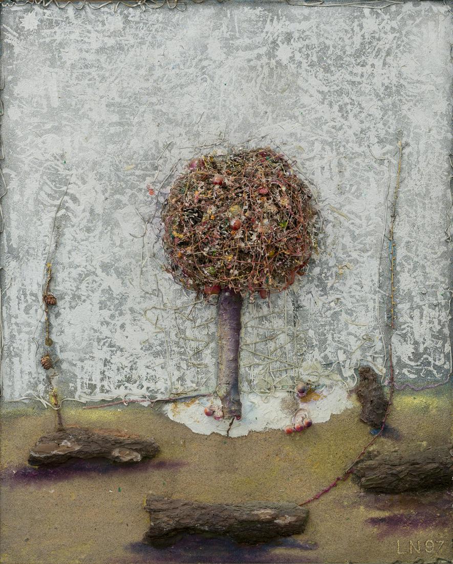Lemming Nagel (Estonian 1948 - 2016): Looduse lood.1997. Segatehnika. Masoniit. 93.5 x 74 cm. 1976. Nagel lõpetas ERKI 1976. aastal maalijana hüperrealismi leviku ajal, kuid teda on mõjutanud ka pop-kunst, sh assamblaaž