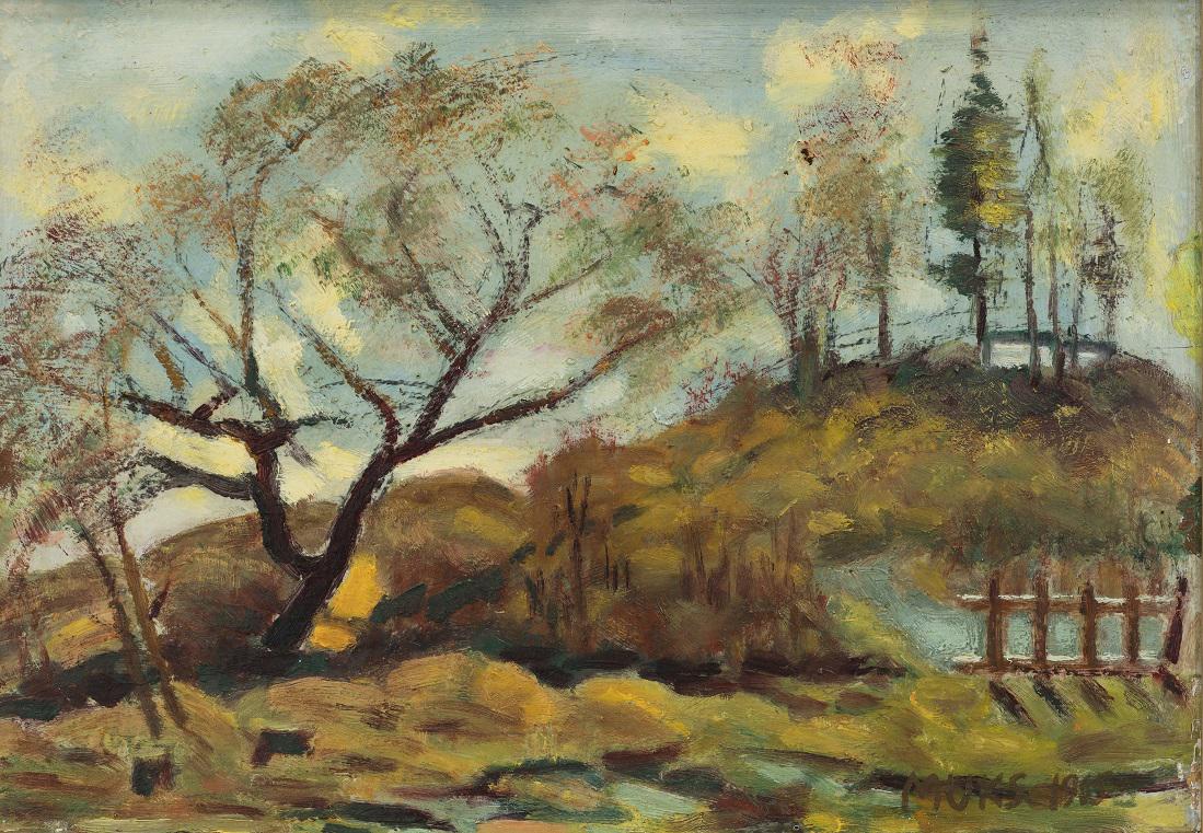 Juhan Muks (1899 – 1983): Kevad. 1965. Õli. Vineer. 29.6 x 41.8 cm. 1979 sai Muks esimesena Eestis kõrgeima tunnustuse maastikumaali valdkonnas – Konrad Mäe nimelise medali. Käesolev teos on identne m