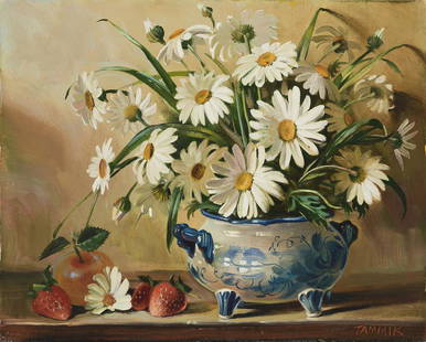 Rein Tammik (1947): Karikakrad ja maasikad. 2010.aastad. Õli. Lõuend. 33 x 41 cm. Teose puhul on ilmselgelt tegu näitega Rein Tammiku tuntuimast žanrist – hüperrealismist.