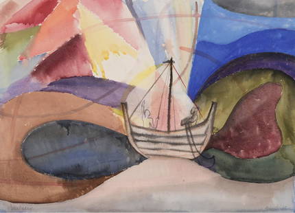 Evi Tihemets (1932): Vaenukoge saabumine.1965. Akvarell. Paber. Vm 44.5 x 62 cm. Lõbus ja kaunis maaliline põige keskaega, mil Balti merel seilasid Hansa liidu laevad – koged. 1960ndail taasavastati