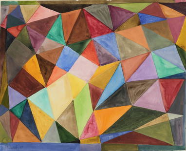Evi Tihemets (1932): Kaleidoskoop. Akvarell. Paber, aluspapile kleebitud. Lm 36.1 x 44.5 cm. Evi Tihemets sündis Tapal raudteelase perekonnas. Õppis ERKI-s 1951–59 ja lõpetas selle raamatugraafika