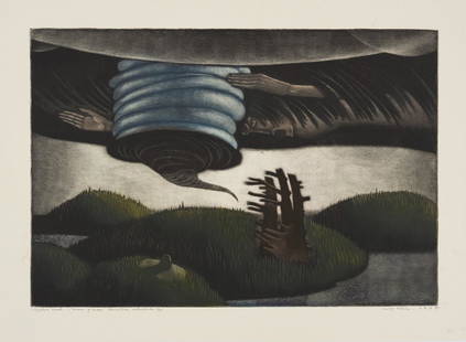 Kaljo Põllu (1934 – 2010): Viljastav tuul. Sarjast “Taevas ja maa”. 1987. Värviline metsotinto, paber. Lm 55.1 x 74.5 cm. Plm 44.1 x 64.7 cm. Kaljo Põllu korraldas etnograafilisi uurimisreise soome-ugri