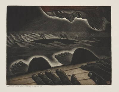 Kaljo Põllu (1934 – 2010): Tuul, sa oled lainete ema. Sarjast “Kalivägi”. 1984. Värviline metsotinto. Paber. Lm 47.6 x 57.8 cm. Plm 36.7 x 48.4 cm. Sari „Kalivägi“ (1979–84)