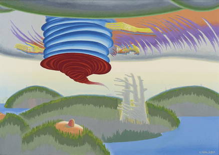 Kaljo Põllu (1934 – 2010): Viljastav tuul. 2001. Õli. Lõuend. 100 x 140.3 cm. Alates 1970. aastatest on kunstniku looming valdavalt pühendatud soome-ugri rahvaste kaugete esivanemate looduslähedasele ja