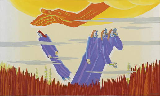 Kaljo Põllu (1934 – 2010): Maailmakõiksuse kuulatajad. 2001. Õli. Lõuend. 99.5 x 166.3 cm. Kaljo Põllu oli pidevas muutumises loovkunstnik ning eesti kunstielu võimas uuendaja ja teoreetik. Kutsumuselt