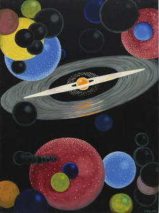 Kaljo Põllu (1934 – 2010): Lõputu maailmade ruum. 2002. Õli. Lõuend. 131.3 x 97.5 cm. Soome-ugri rahvaste folkloori ja kultuurilise pärandi tundmine omas Kaljo Põllu meelest suurt tähtsust ka