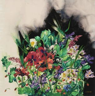 Malle Leis (1940 – 2017): Suvelilled. 1985. Akvarell. Paber. Lm 59.9 x 59.7 cm. Kui Malle Leisi serigraafiates on taust sageli must, siis akvarellides piirdub must lillesülemi või viljade kobara tagusega, vihjates