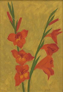 Lembit Sarapuu (1930): Gladioolid. 1960. aastad. Õli. Papp. 49.7 x 34 cm. Kuuekümne aasta vältel, mil Lembit Sarapuu on olnud kunstnikuna tegev, on tema loomingulisi katsetusi seostatud küll naivismi,